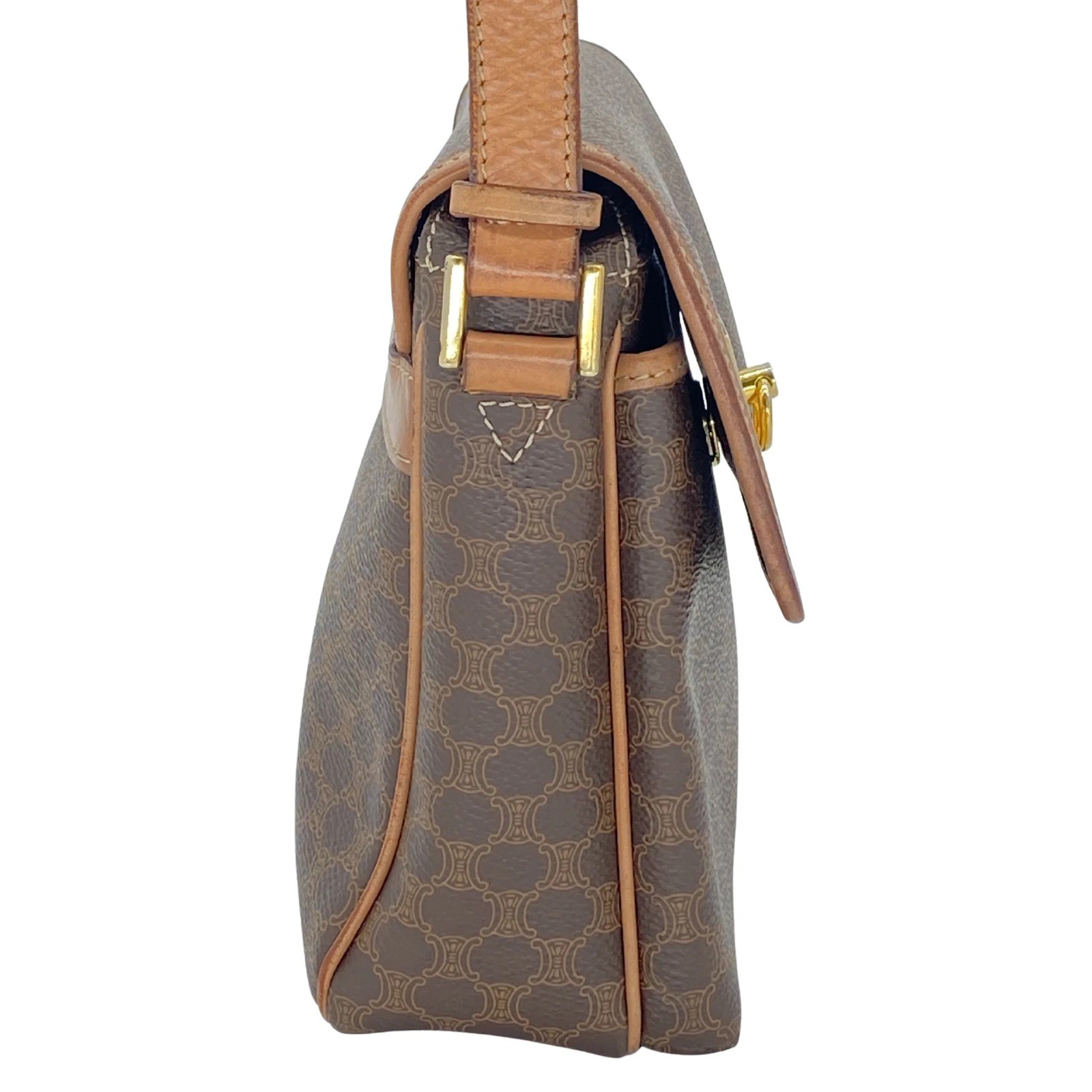 CELINE Vintage Shoulder Bag Macadam Circle Hardware PVC Leather Brown Authentic