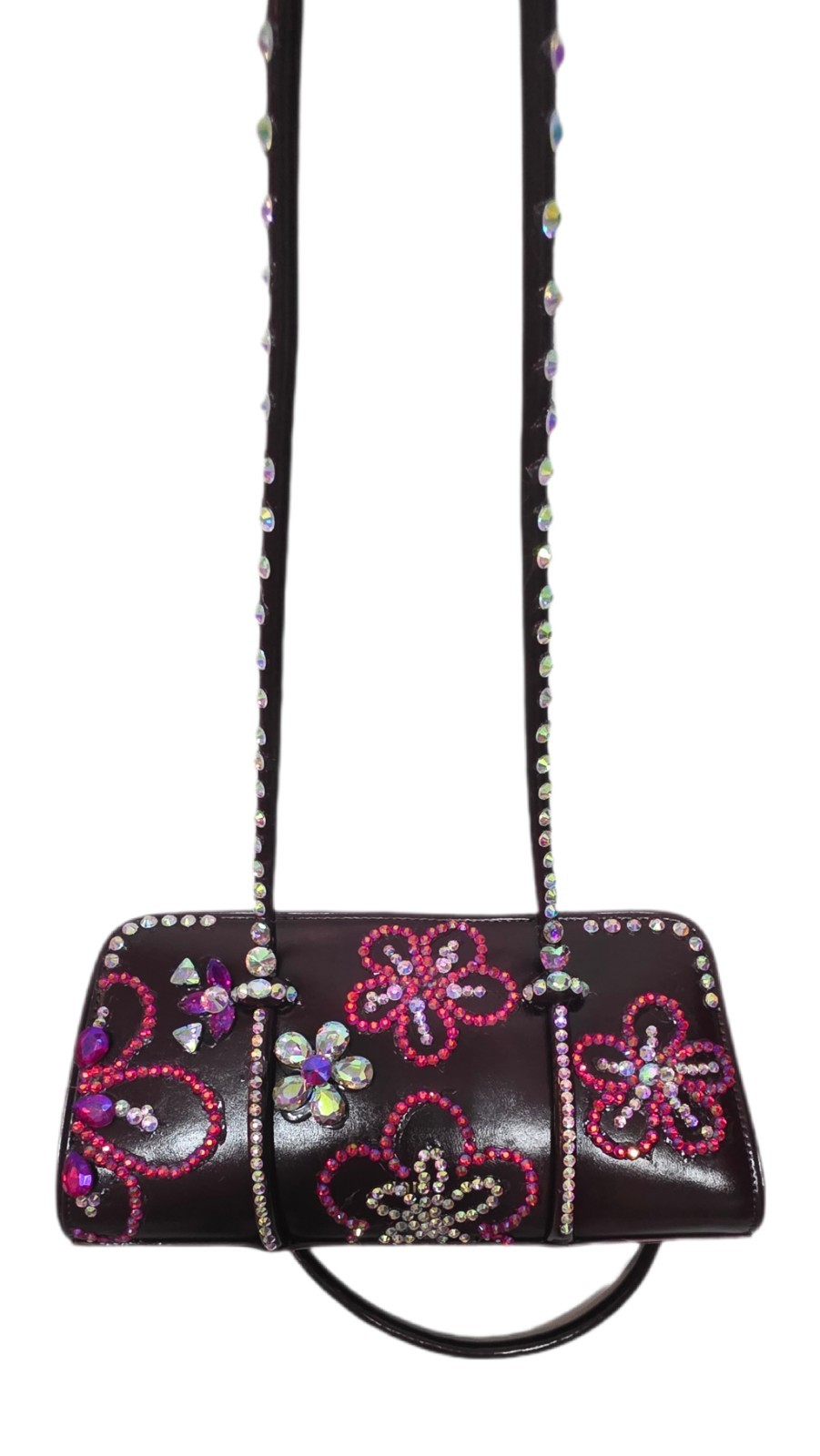 over the shoulder burgundy festival or going out bag w/rhinestone floral detail