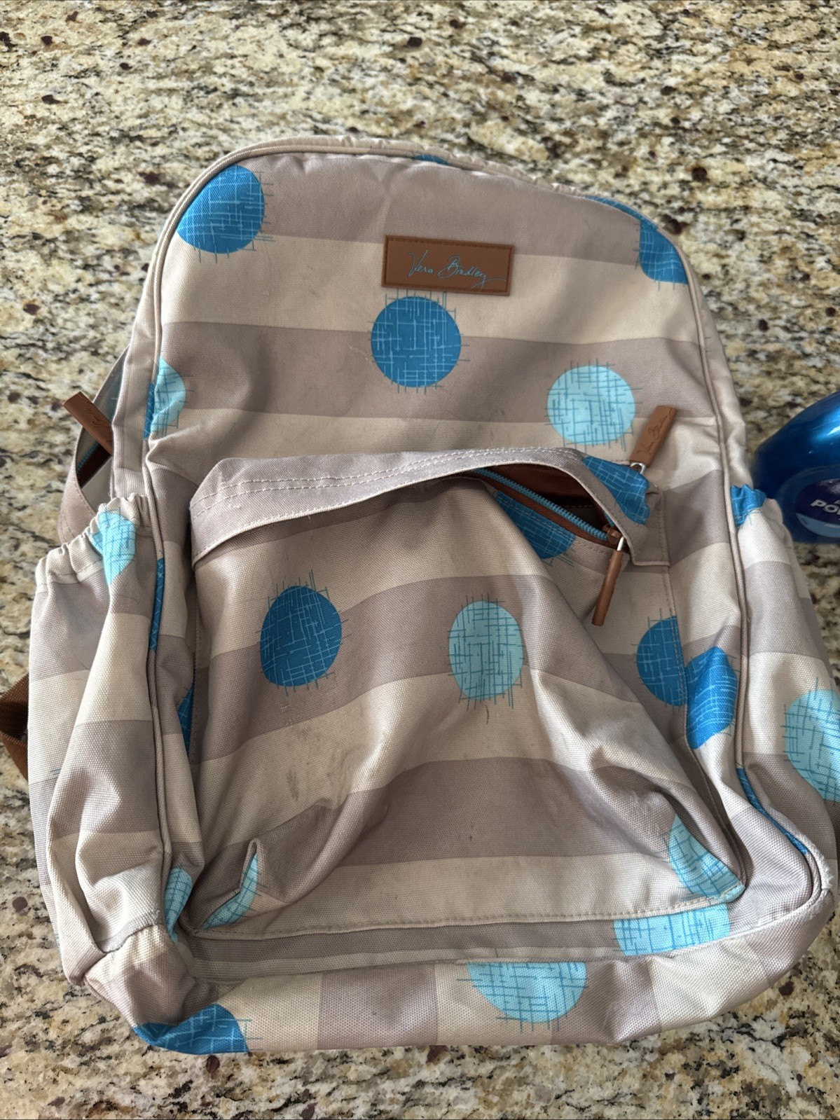 Vera Bradley Brown Bookbag with Blue Spots Pre-Owned Great Condition