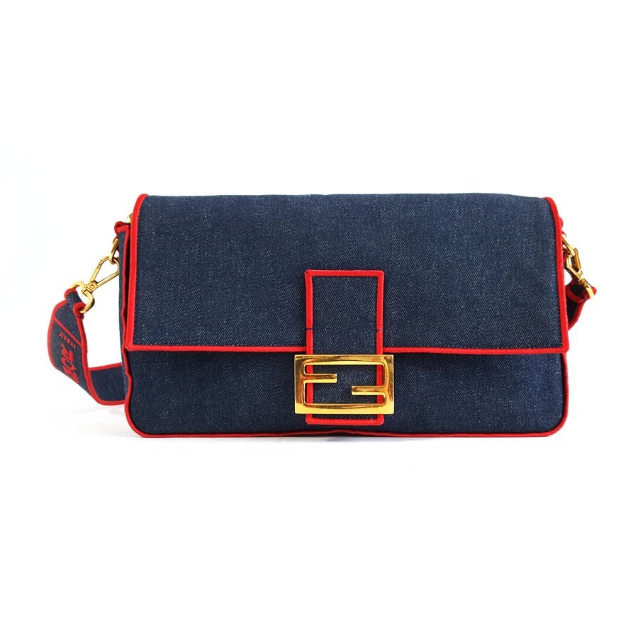 Fendi Baguette blue denim large neutral shoulder crossbody bag
