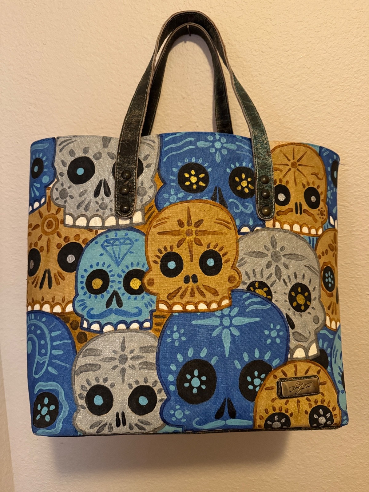 Fabulous Hand Crafted & Hand Painted Sugar Skull Rustic Vacuno Leather Tote Bag