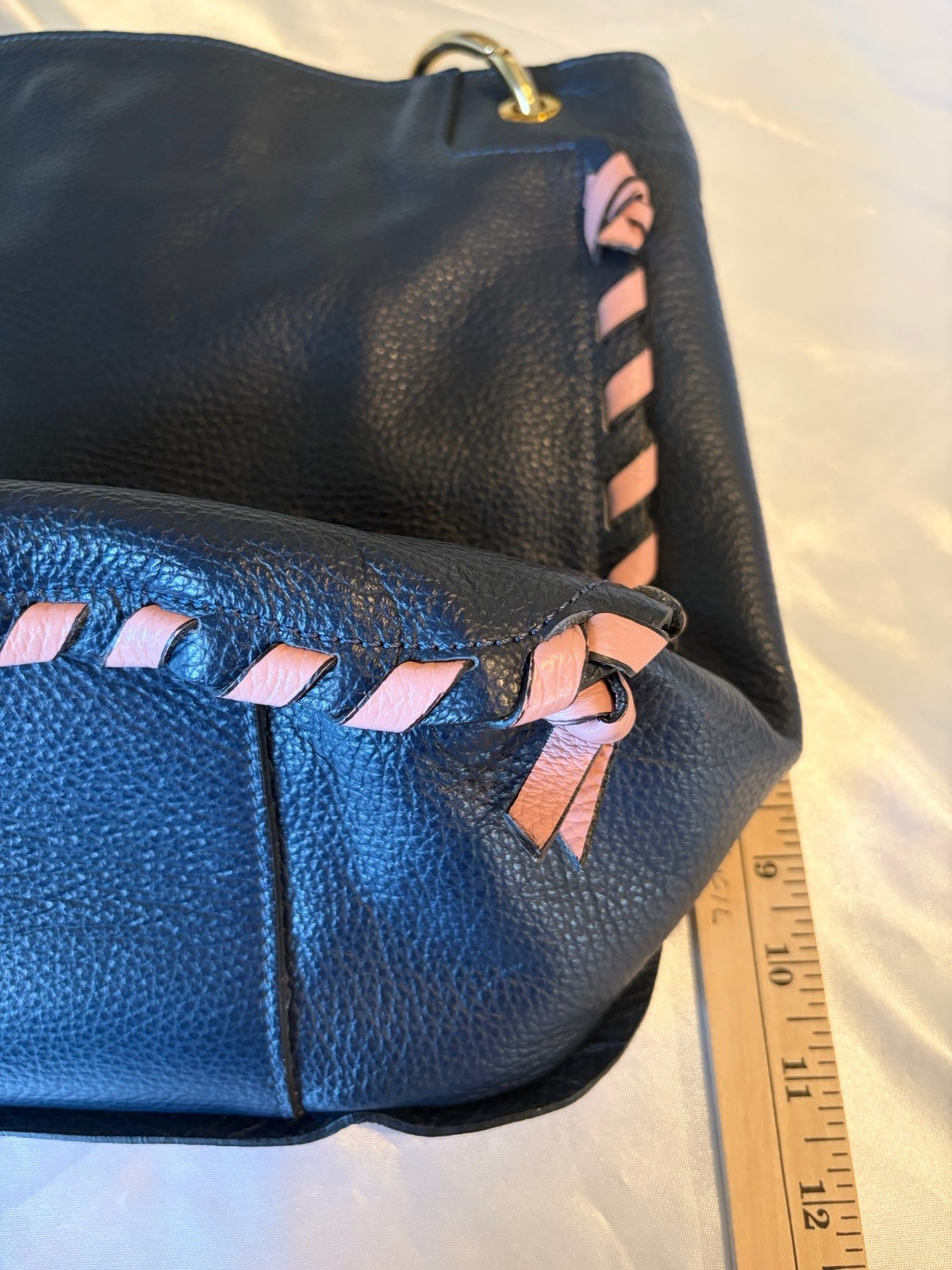 A. Bellucci Leather Handbag Blue W/ Pink Whipstitching Removable Crossbody Strap