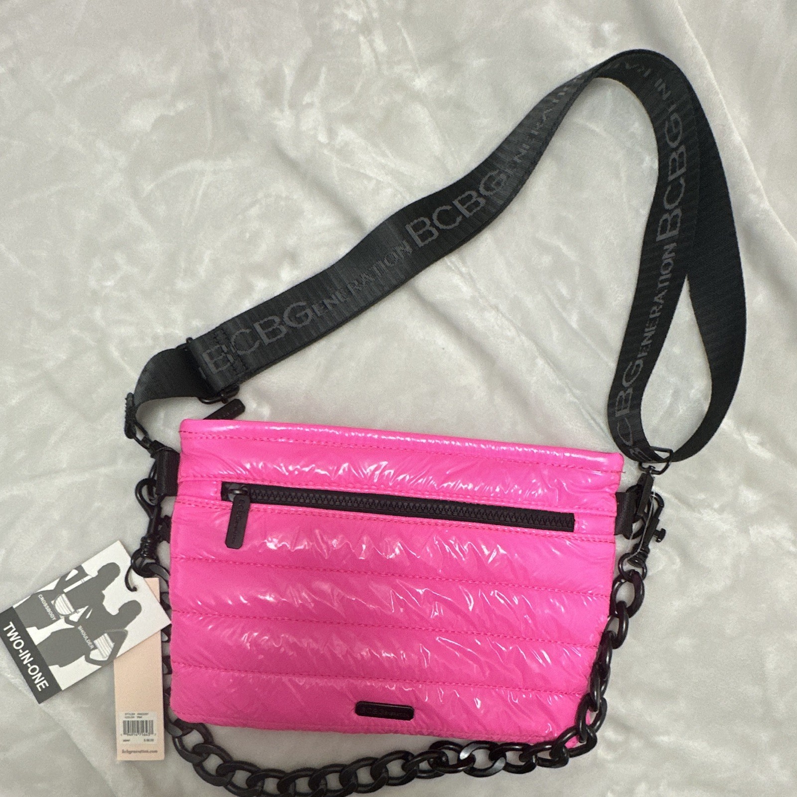 BCBGeneration Pink Quilted Crossbody Bag Black Logo Strap Chain Zip Snap