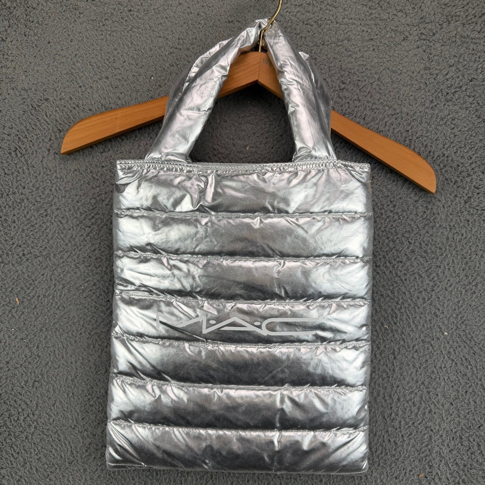 MAC Cosmetics Silver Metallic Quilted Puffer Tote Bag Space Age Futuristic Y2K