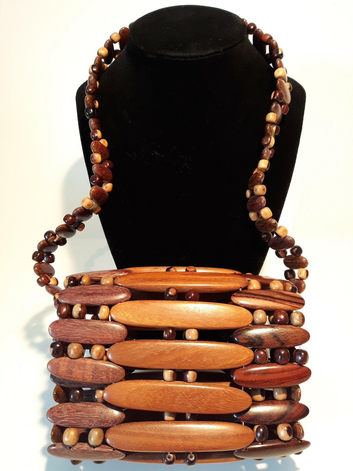Small Wooden Beaded Purse Bag 5 In Tall x 5.5 In Long 2.5 In Wide Strap 9 In L