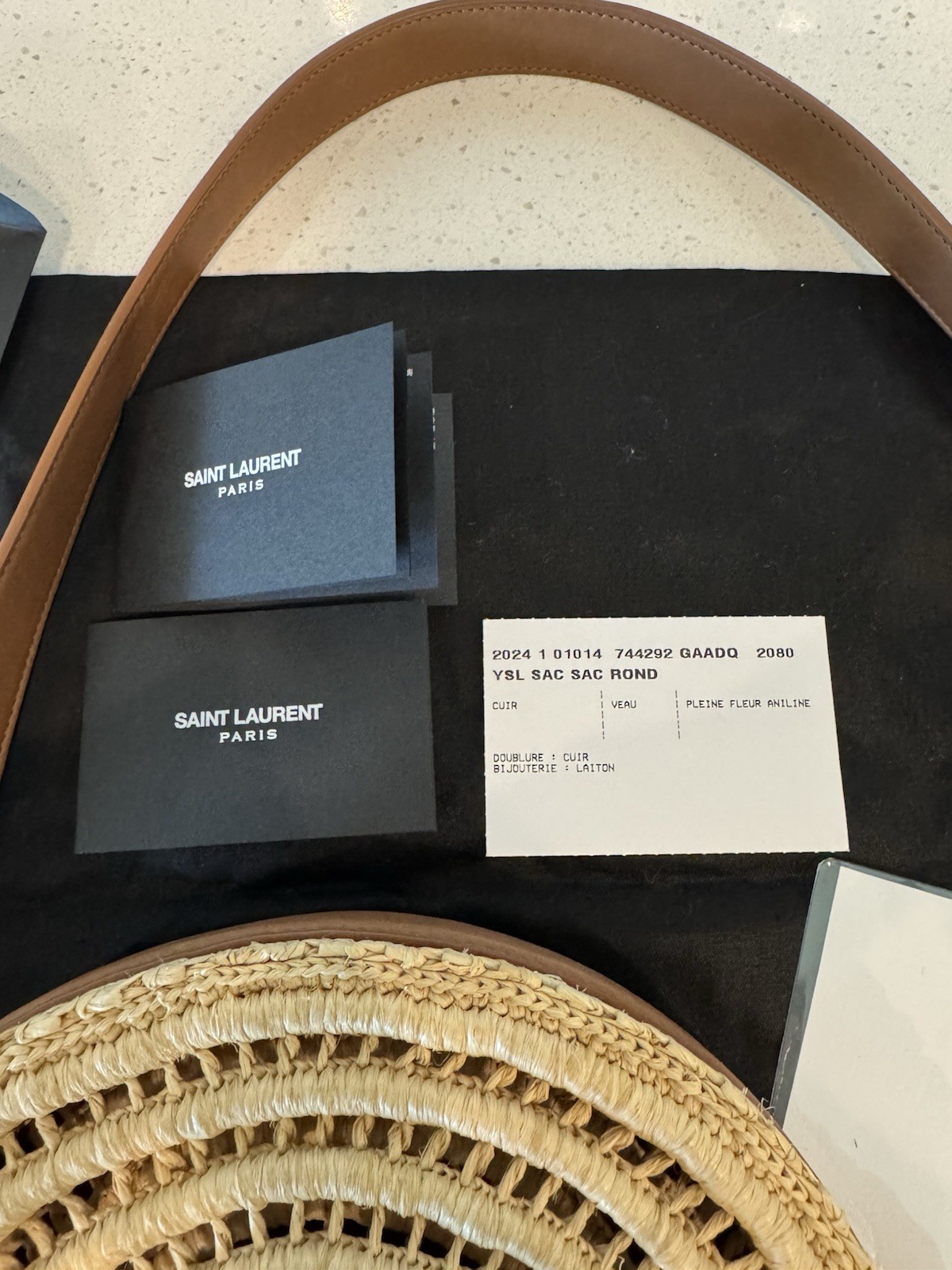 Saint Laurent YSL Round Woven Crossbody Bag Zip Brown Strap Small w/ Card