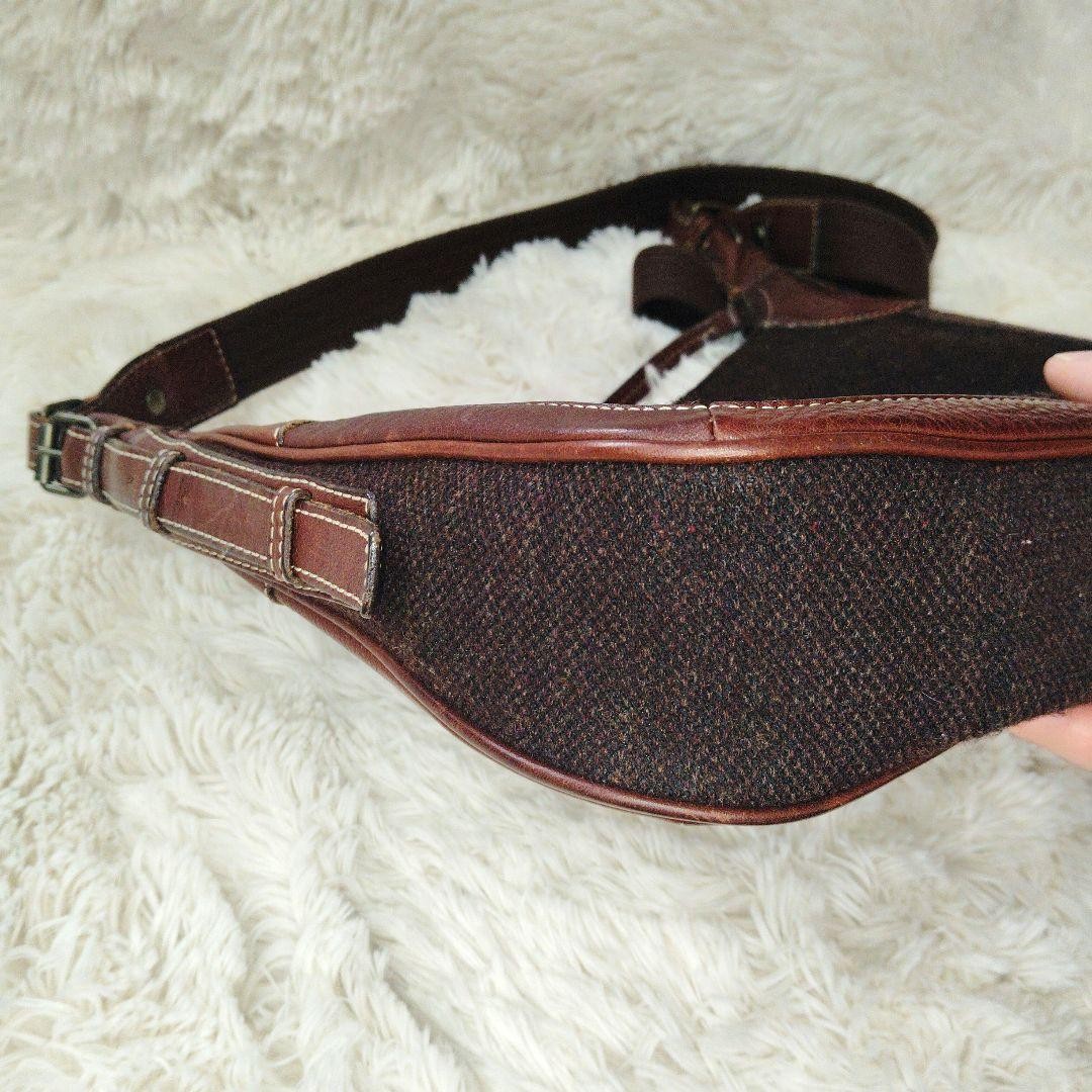 Tsuchiya Kaban Brown Tweed Leather Half Moon Crossbody Shoulder Bag Auth