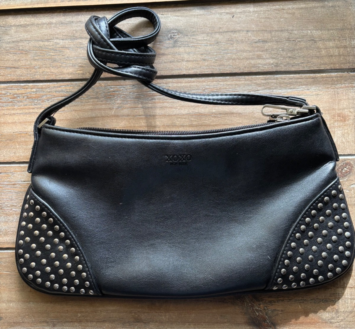 XOXO Black Crossbody Purse W/Brushed Nickel Studs on Both Front Bottom Corners