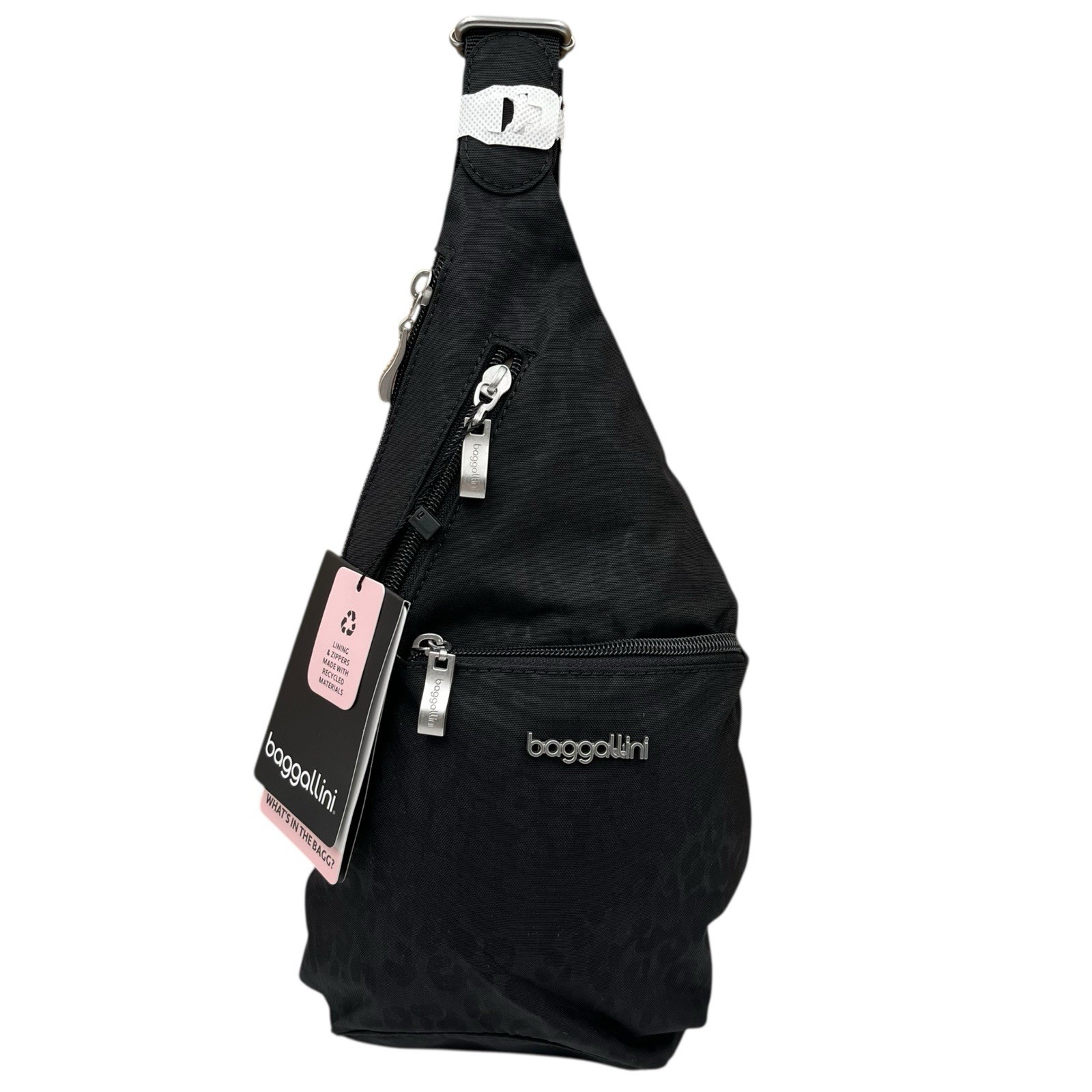 Baggallini Womens Small Sling Bag Crossbody Black Cheetah Emboss Water Repellent