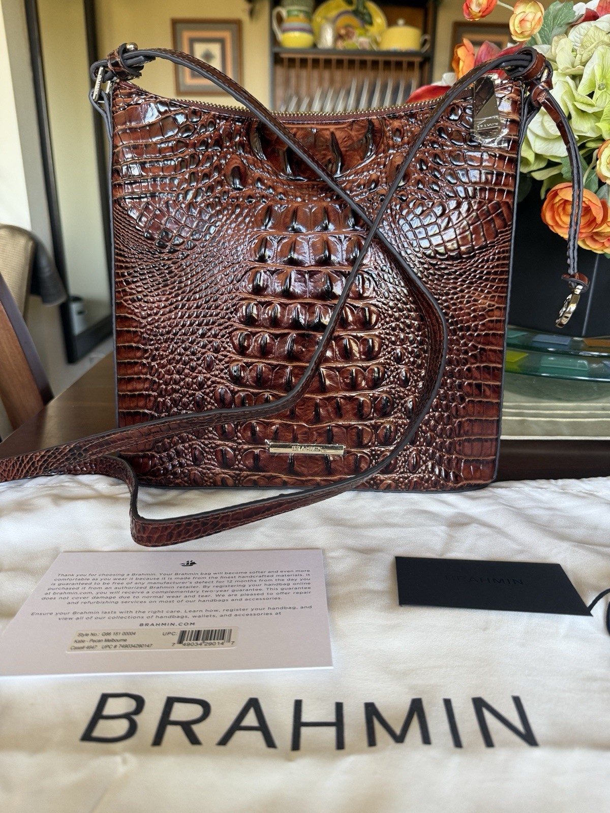 Brahmin Katie Pecan Melbourne Croc Embossed Leather Crossbody Bag Brown