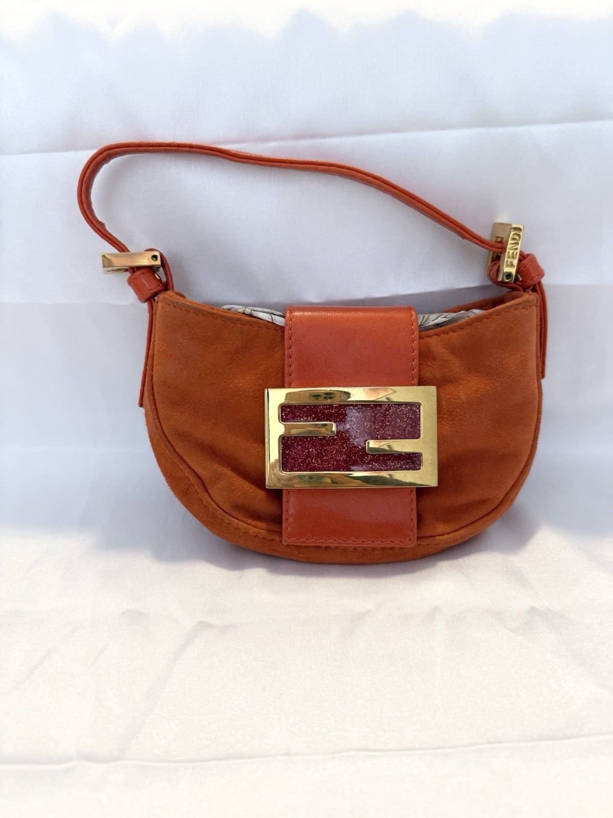 Authentic VINTAGE FENDI MINI CROISSANT ORANGE SUEDE/LEATHER