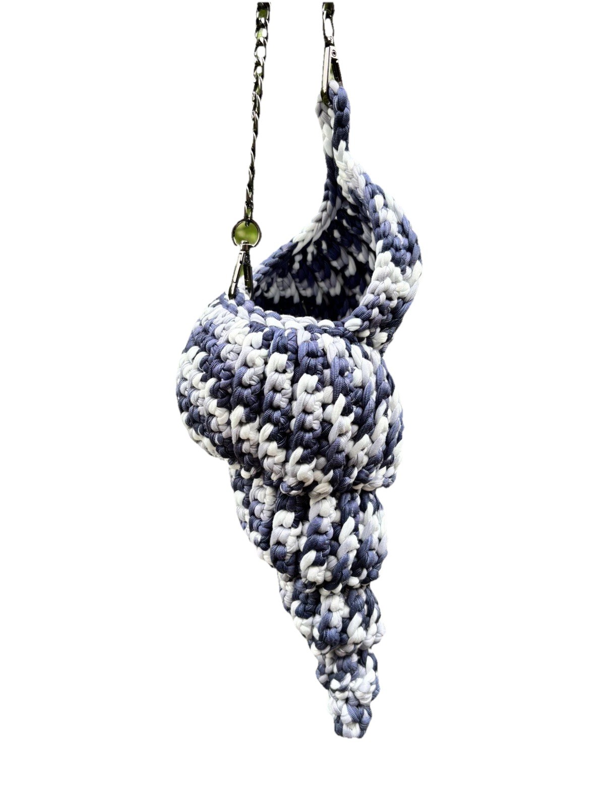 Handmade Monochrome Spiral Shell Bag — White, Black & Gray T‑Shirt Yarn with Bla