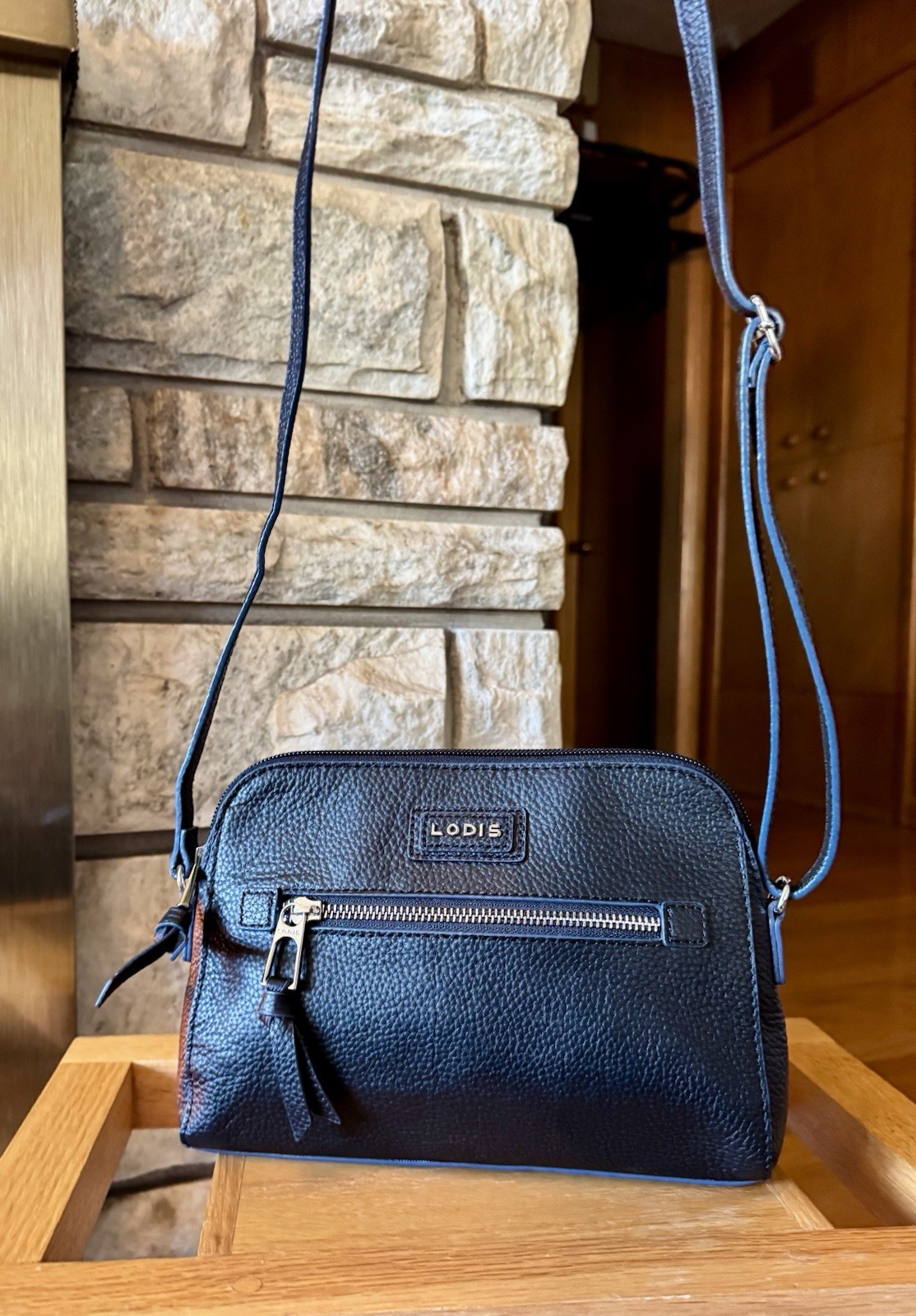 Lodis Pebbled Leather Crossbody Bag Charlotte Purse Navy Classic Designer