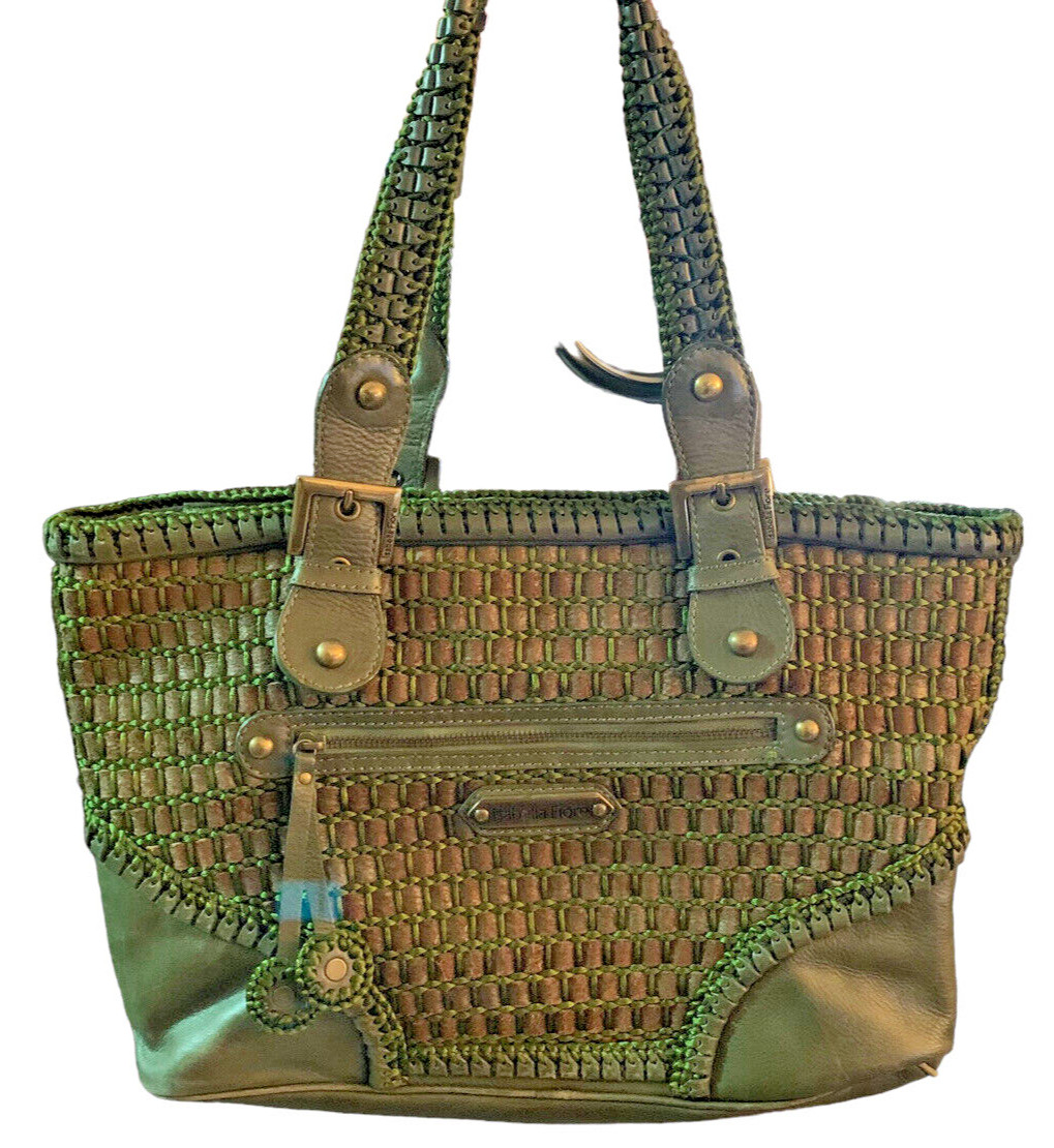 Isabella Fiore Tuck Delux Woven Pinecone Tassel Tote Handbag Purse Moss Green