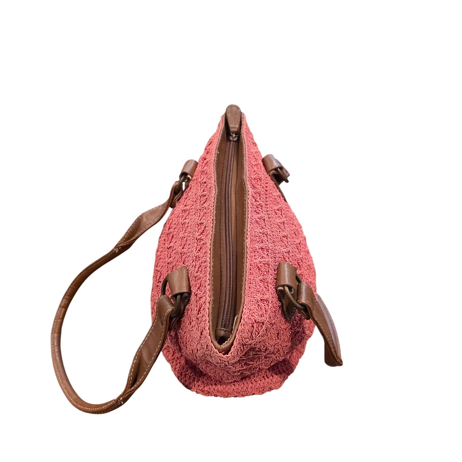 Coral Pink Crochet Tote Handbag Brown Leather Straps Decorative Charm 13x11x4.5