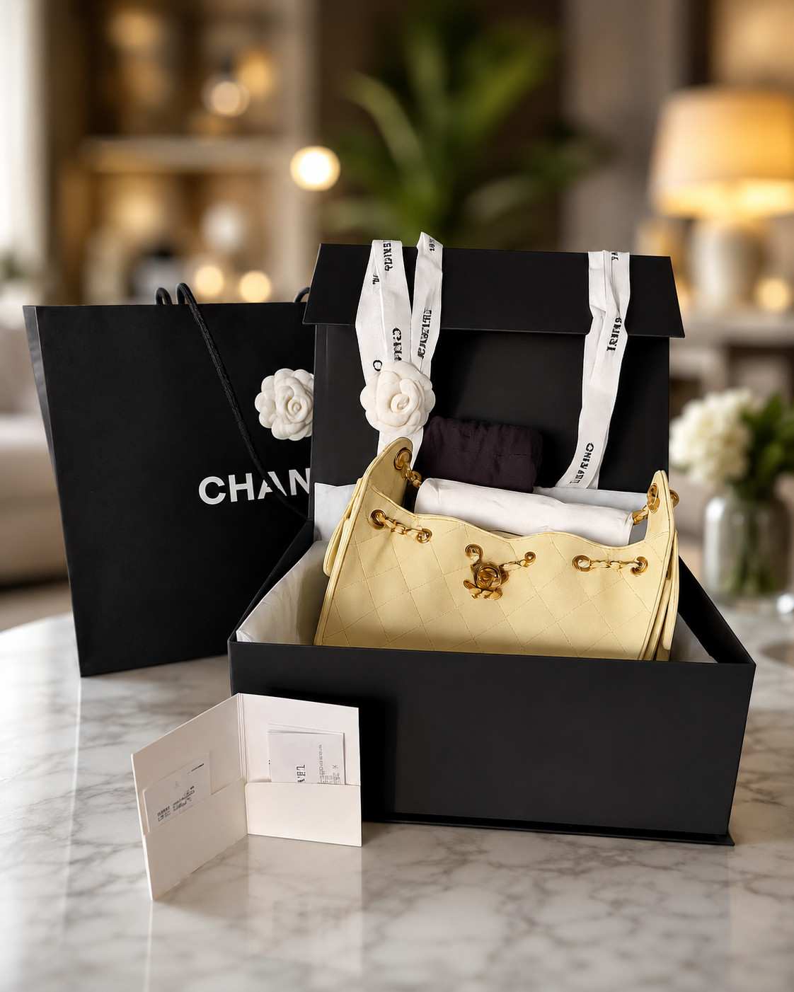 NEW Chanel 25 Mini Hobo Butter Yellow Caviar Gold HW Full Set Box, Bag, Receipt