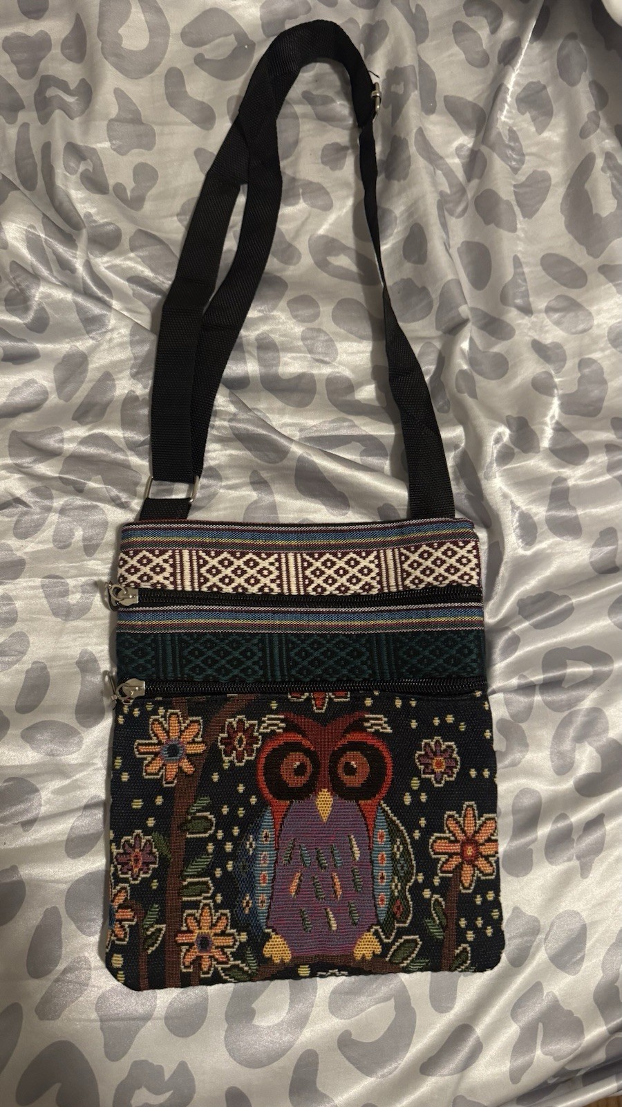 Handmade Women’s Multicolor Owl Floral Crossbody Bag Zip, Adjustable Black Strap