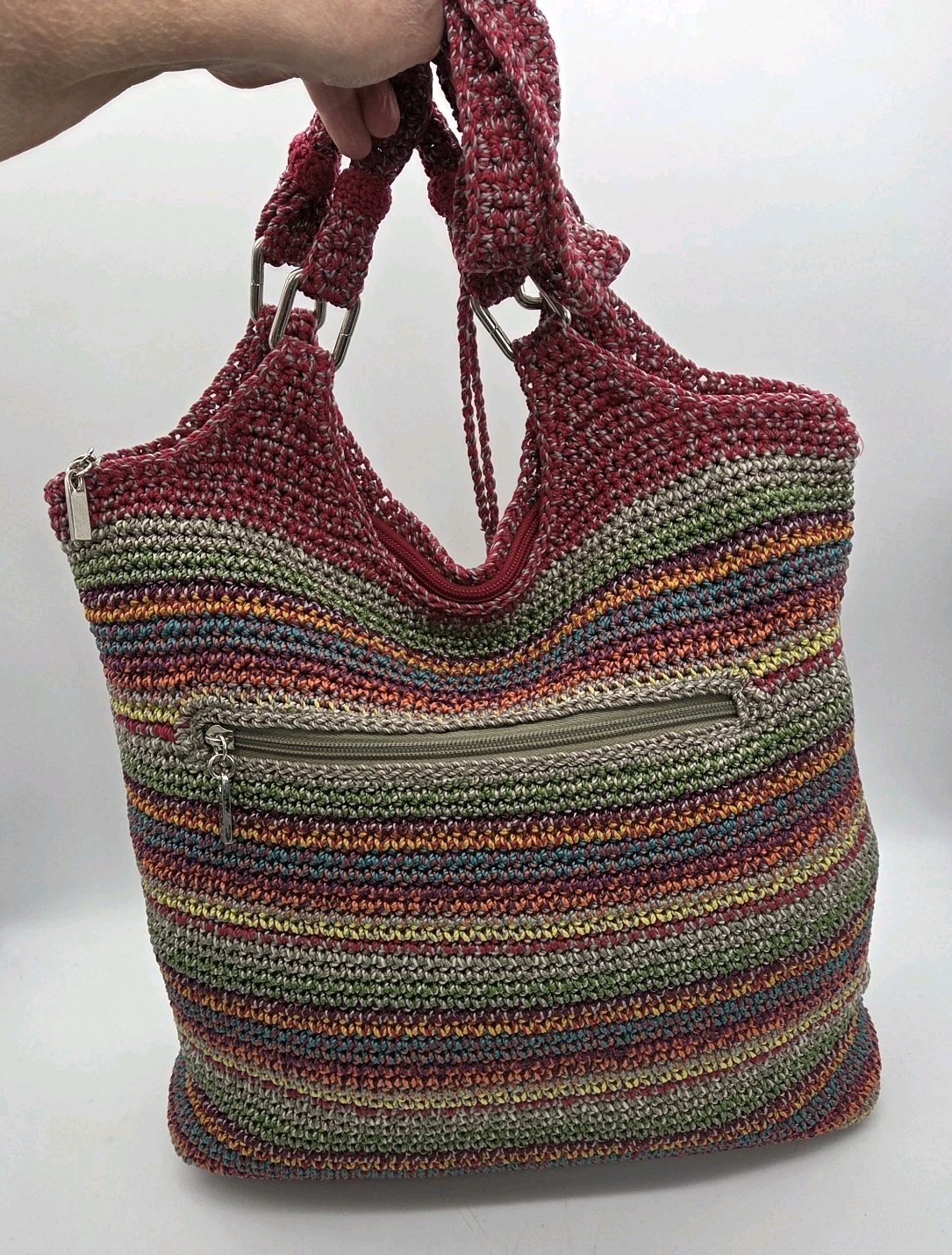 The Sak Belle Purse Hobo Shoulder Bag Crochet Rainbow Stripe Bohemian Logo FOB