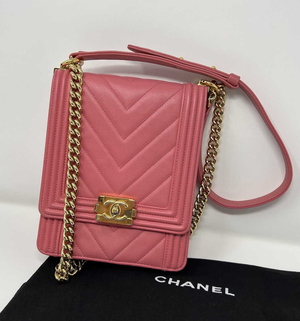 CHANEL NORTH SOUTH CHEVRON LE BOY LEATHER FLAP PINK