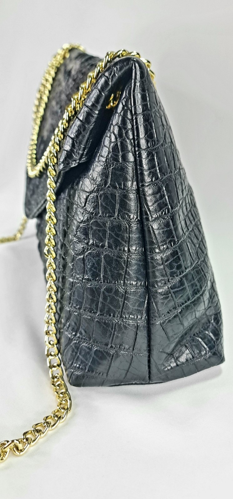 Black Croc Embossed Chain Shoulder Bag Gold 2 Way Crossbody Envelope Elegant