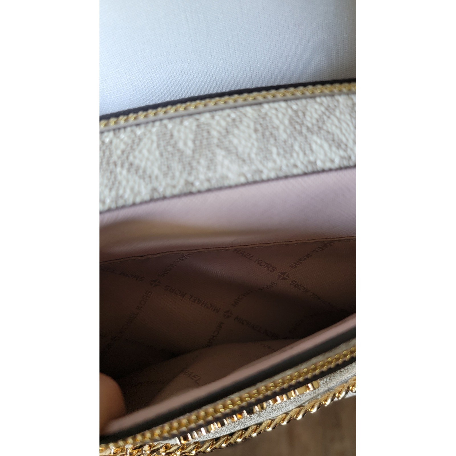 Michael Kors Jet Set Large Zip Chain Crossbody Bag Vanilla Powder Blush Logo