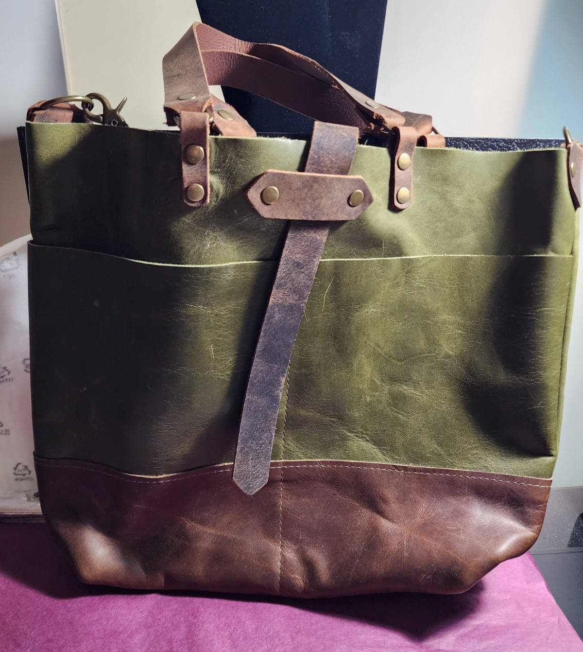 Artisan Leather Unlined Handbag Messenger Tote Shoulder Crossbody Olive Brown