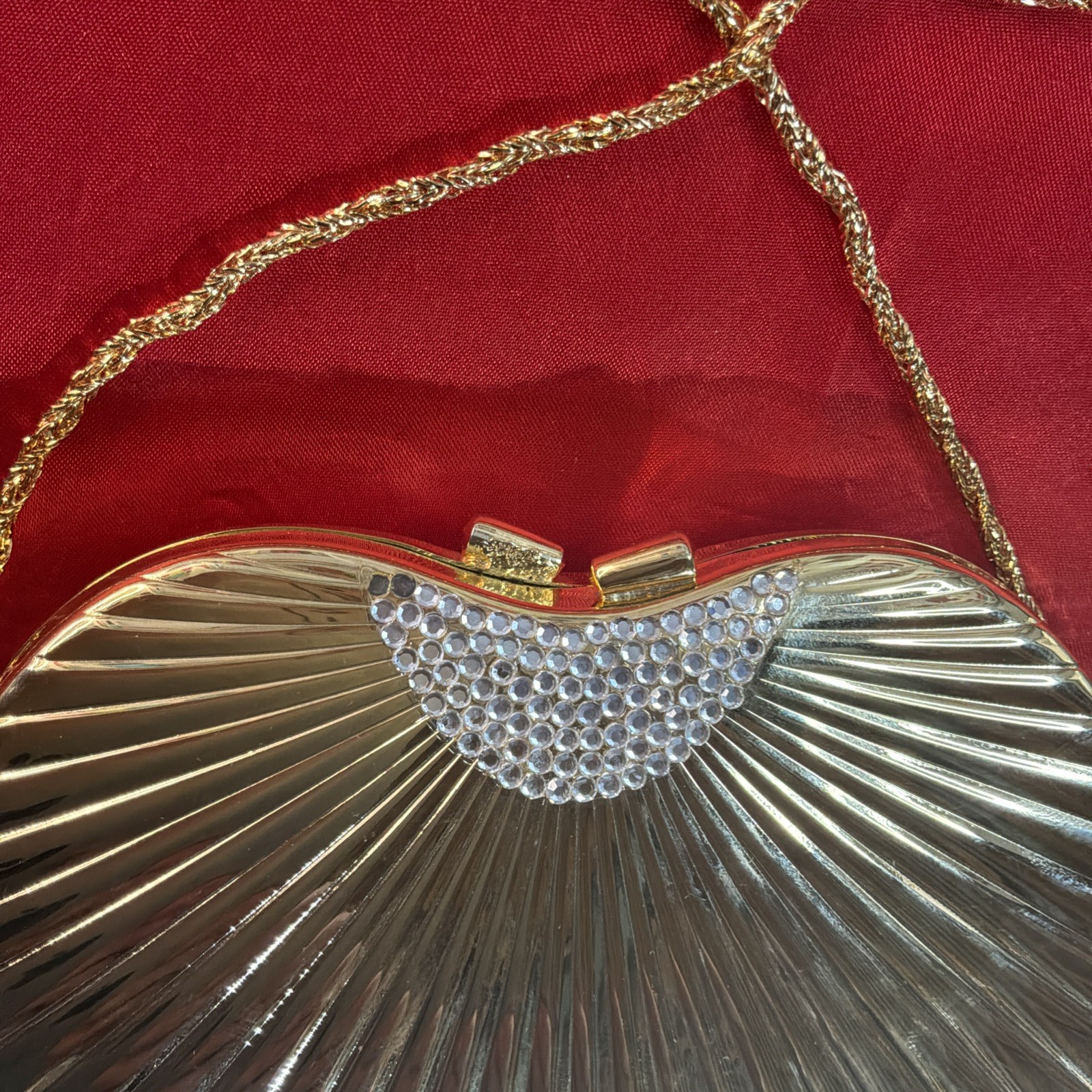 Carla Marchi Purse, Luxury Vintage Gold Clamshell Evening Clutch, Sunburst Ribed