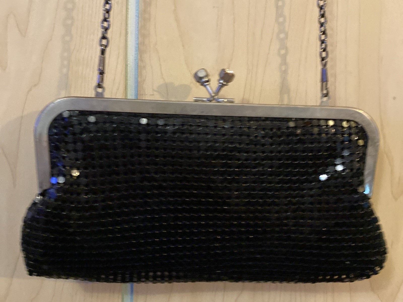 Charloteo russe black Metallic Mesh Clutch Detachable Chain Strap, kiss lo k