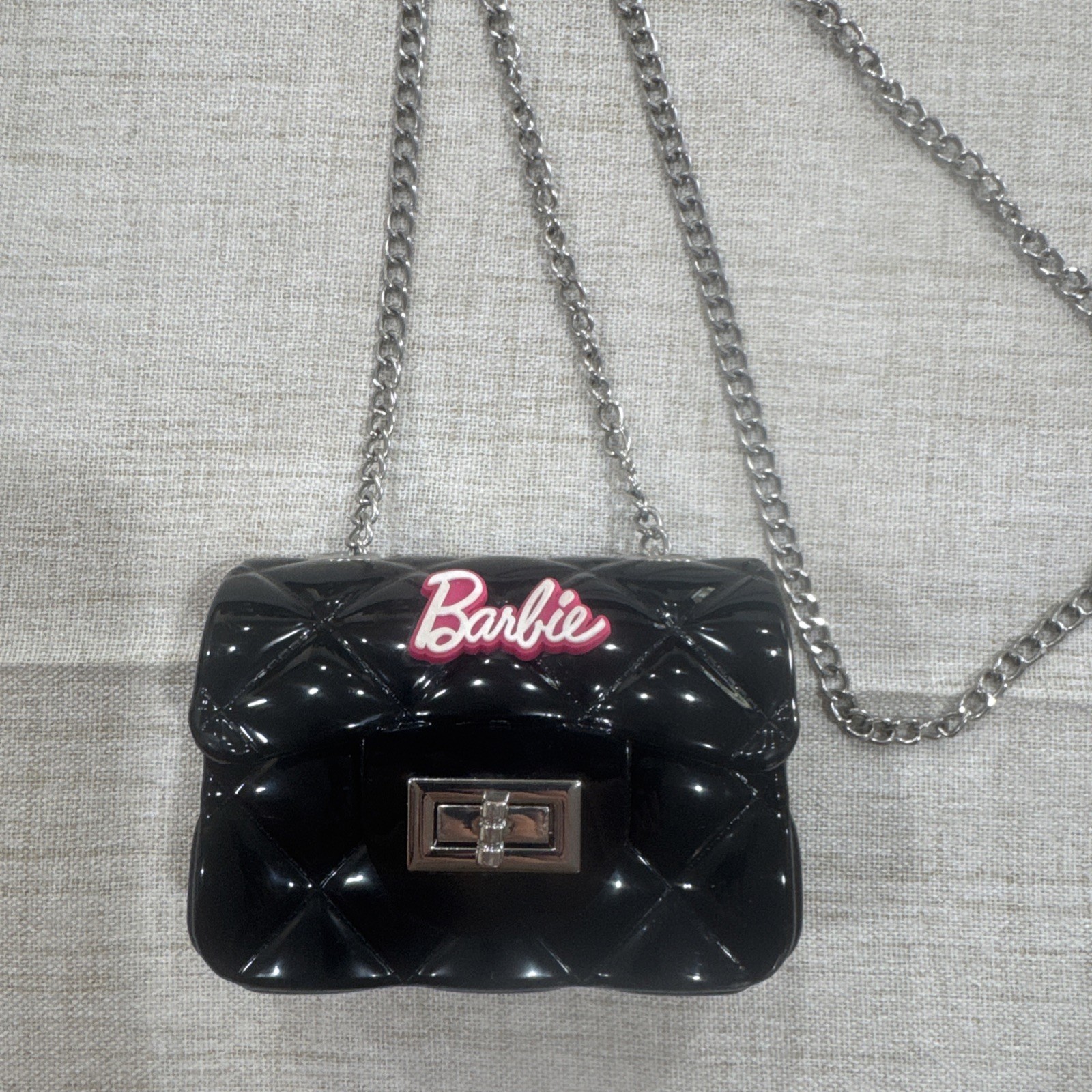 Barbie Mini Black Purse Crossbody Chain Strap Quilted Hard Plastic