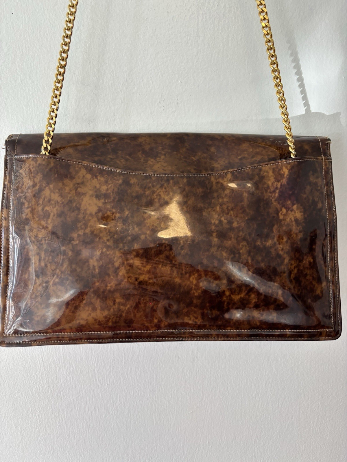 Morris Moskowitz Shoulder Bag Brown Patent Gold Chain Flip Close Latch