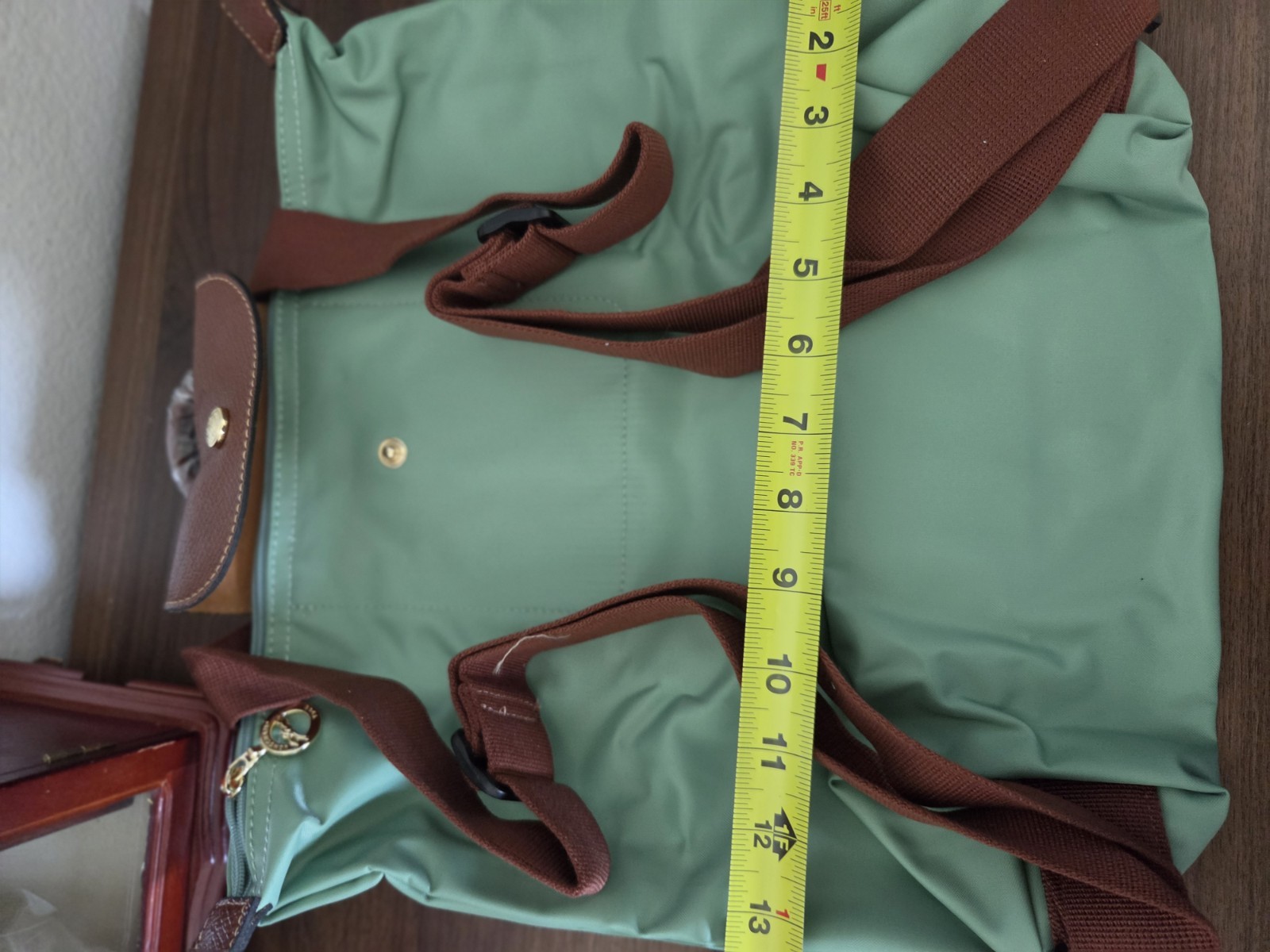 Longchamp Le Pliage Green Backpack Zip Snap Gold Hardware Brown Straps