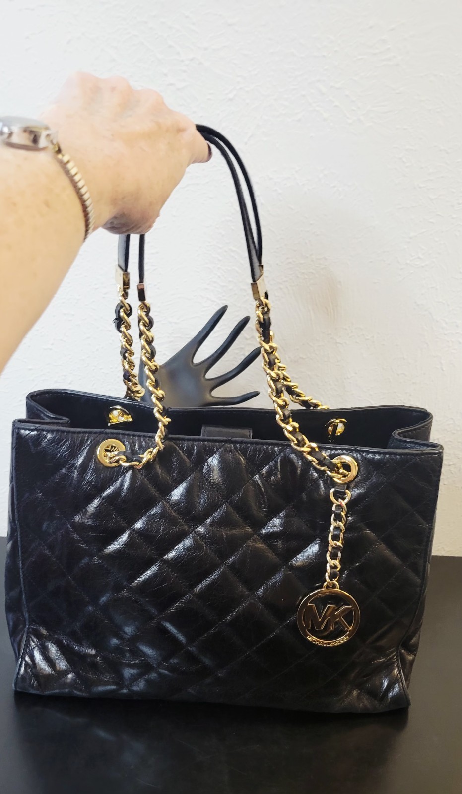 Michael Kors Black Leather Susannah Tote With Dust Bag And MK Charm VGC!