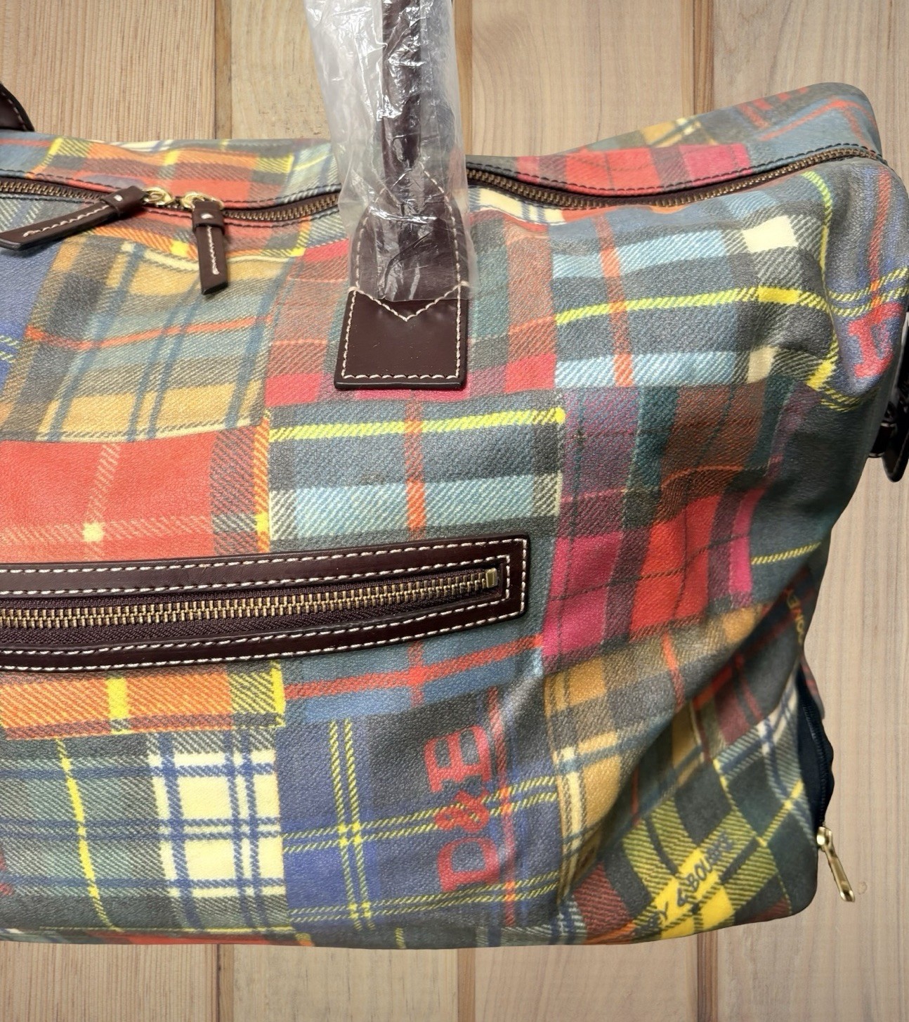 Dooney Bourke Madras Plaid Tartan XL Rolling Travel Duffle Luggage Bag Vintage