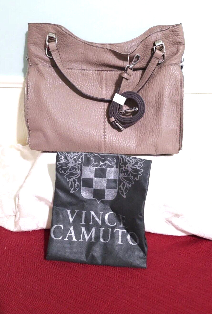 NEW Vince Camuto CASHMERE Taupe Leather XL Satchel Shoulder Bag Purse Expandable