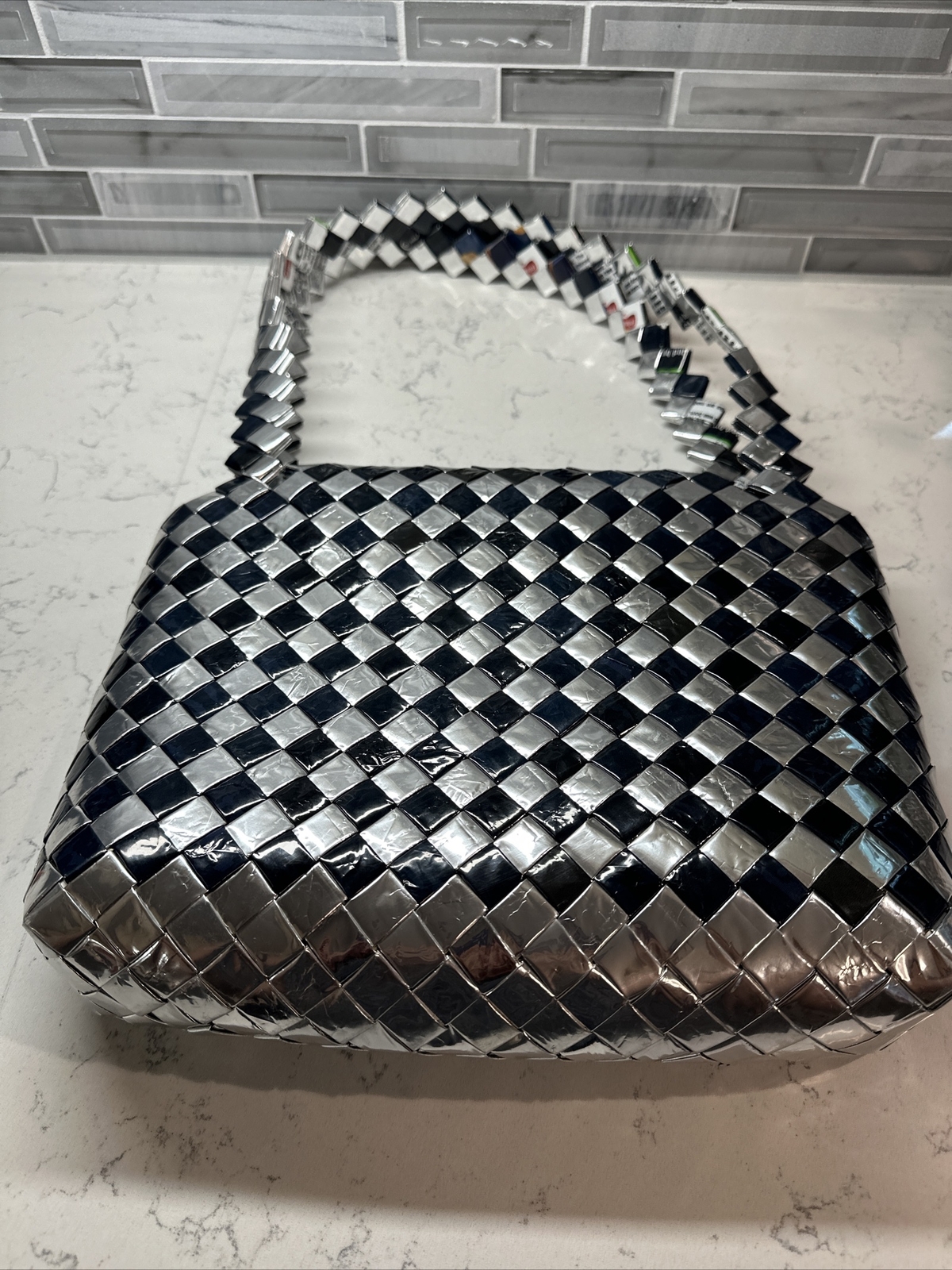 Unique 1 of a Kind Purse Handbag Made w/Frito-Lay Chip Bags Black/Blue/Silver