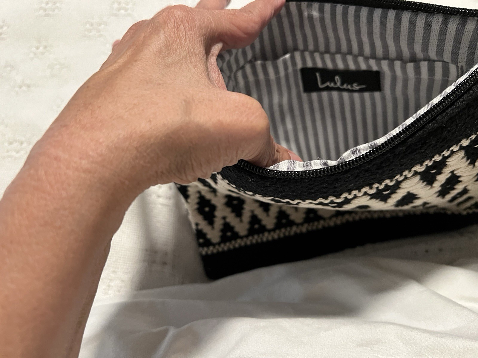 Lulus Woven Embroidered Black/ivory Geometric Clutch Bag 10.5” X 8.5” NEW