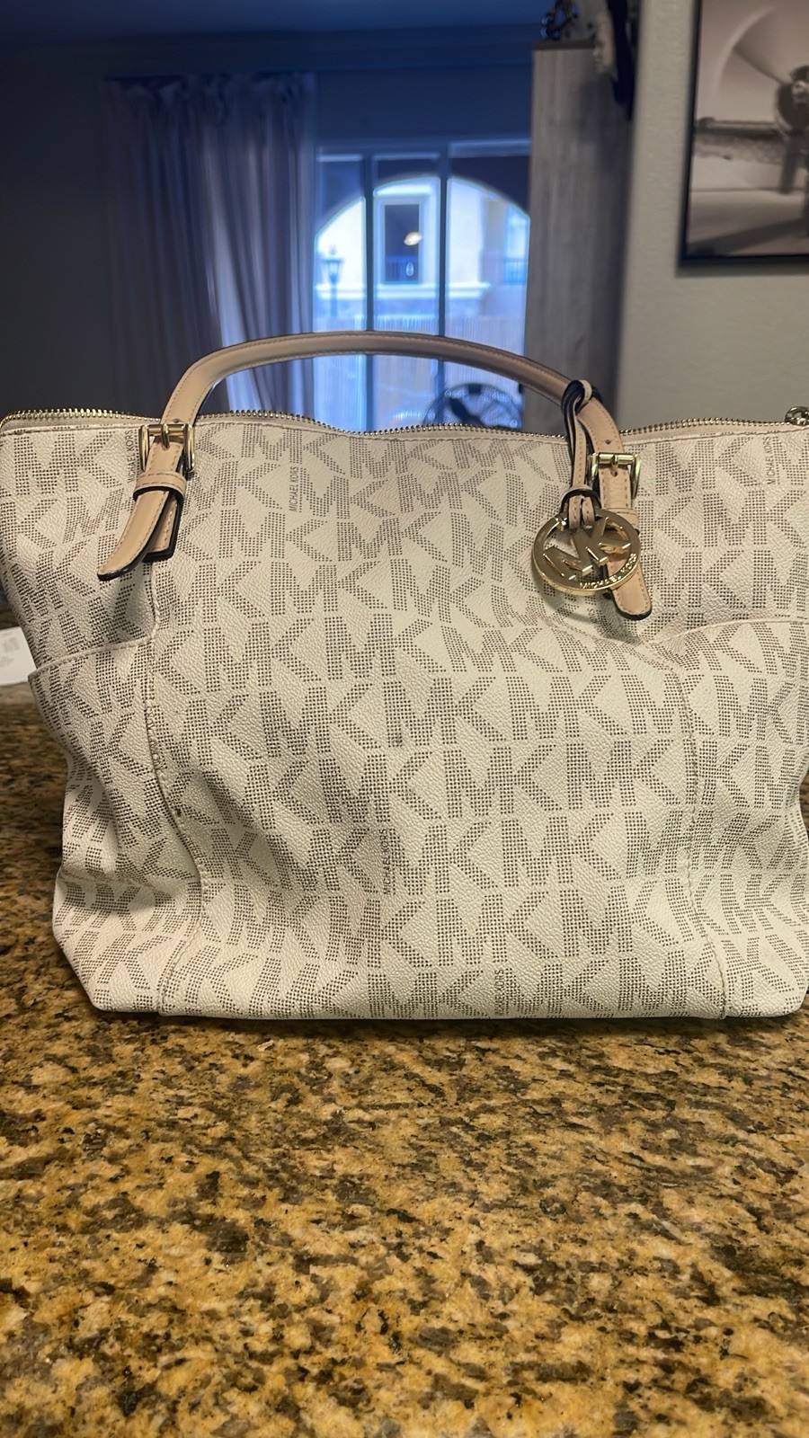 Michael Kors MK Monogram Beige Large Zip Satchel w/ Gold Hardware & Charm