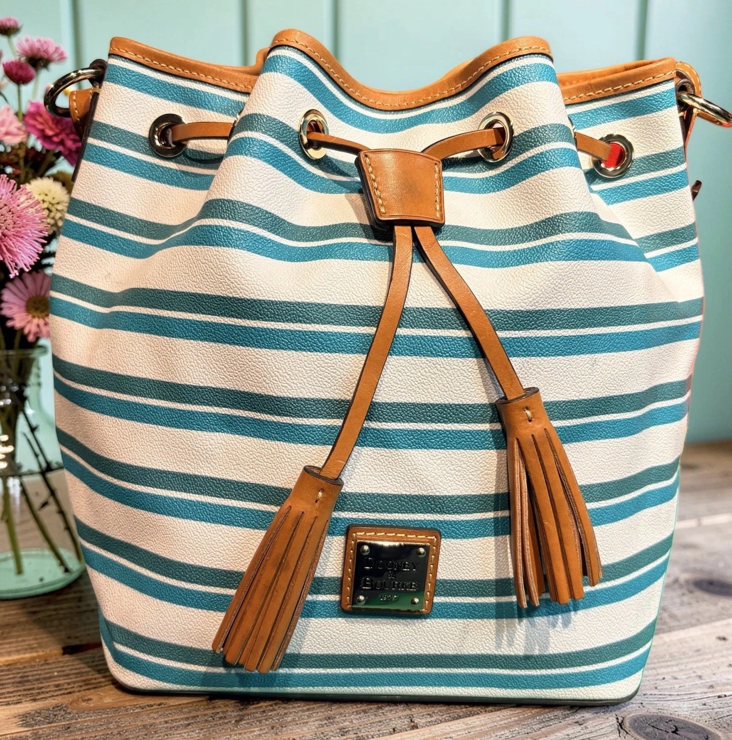 Dooney Bourke Stonington Stripes Mint Spearmint White Drawstring Bucket Bag