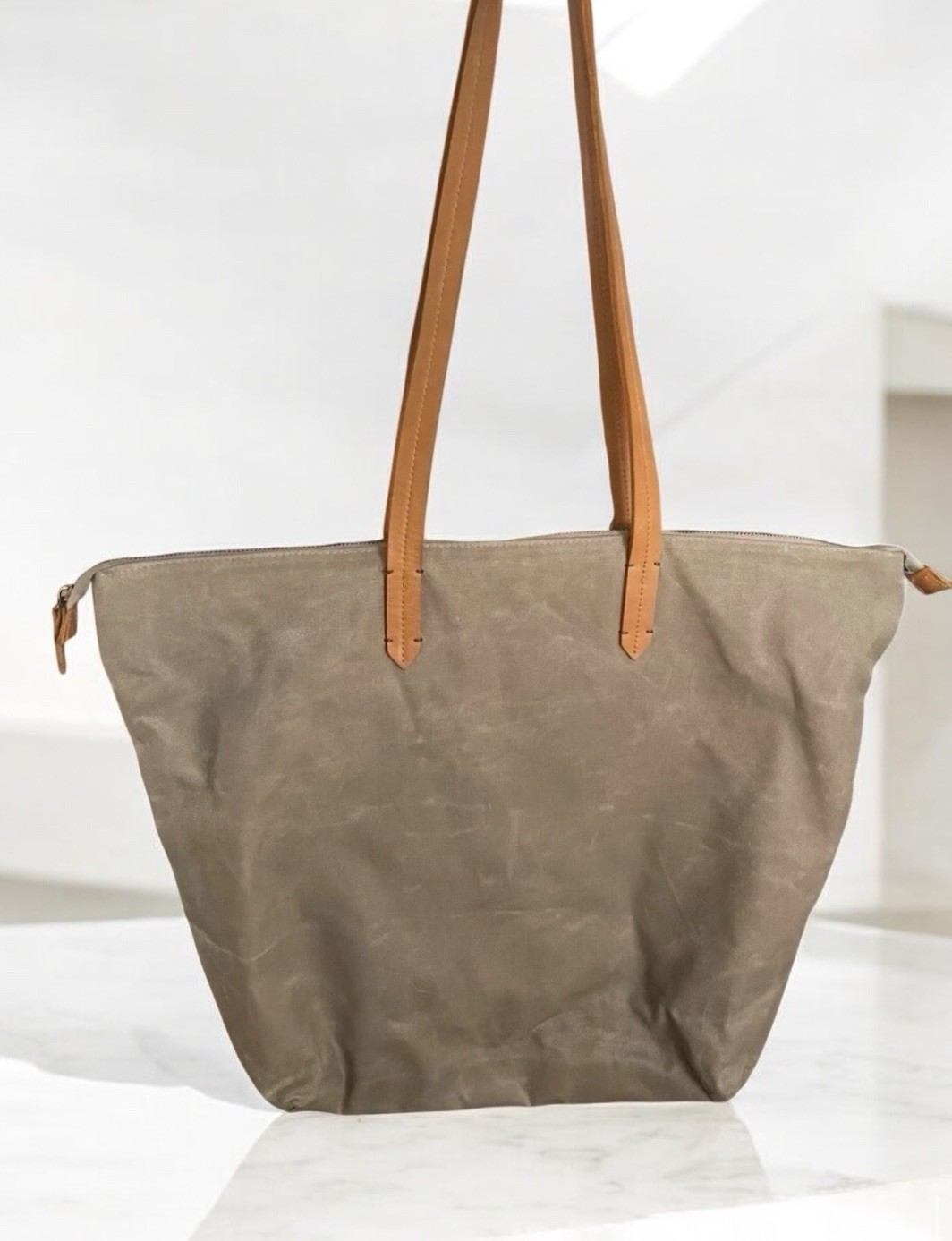 Hearth And Hand Magnolia Waxed Cotton Beach Tote Bag Leather Strap Lined EUC