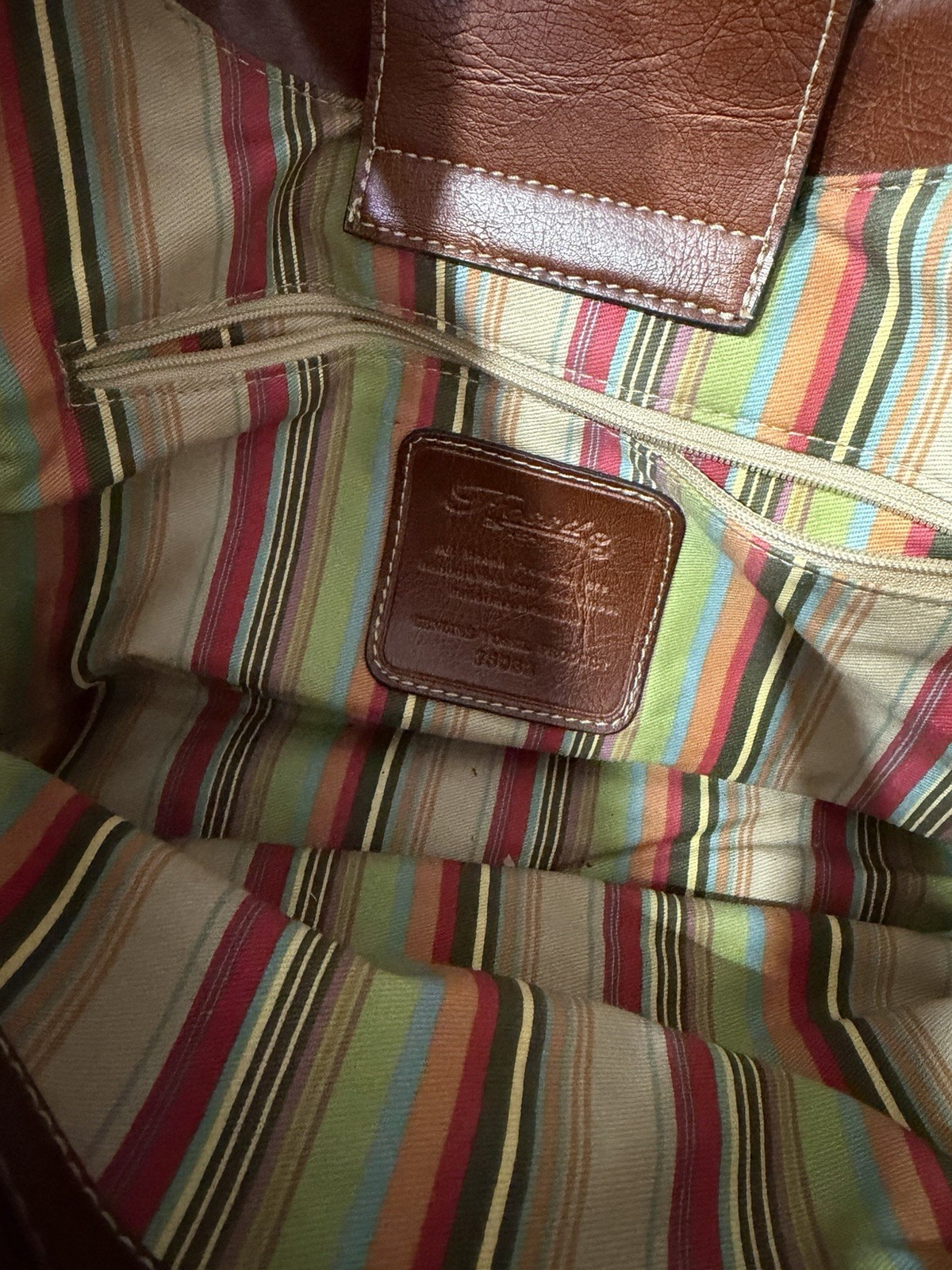 Fossil Orange/Brown Satchel Top Handle Striped Lining Inner Pockets Stitch
