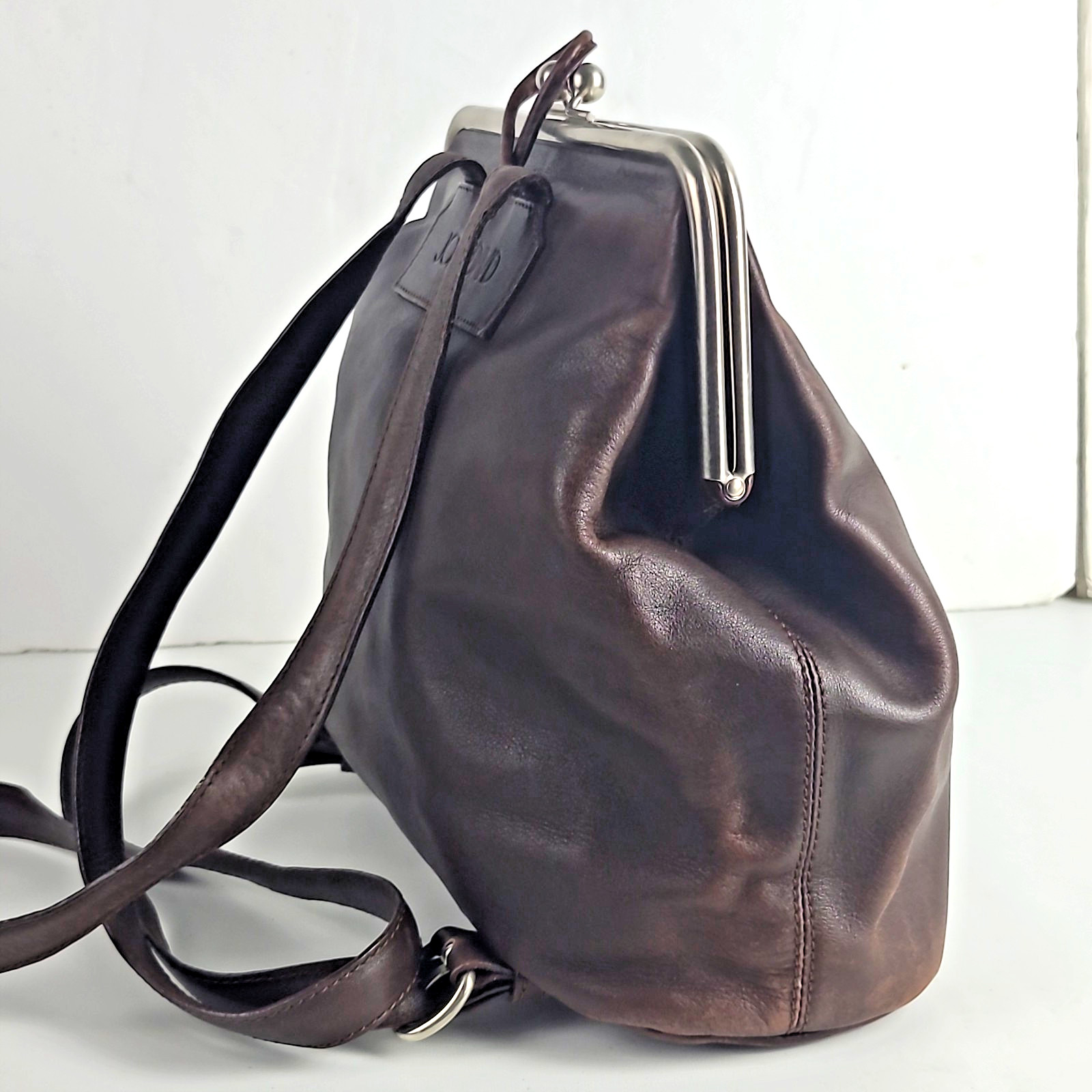 Vintage Joan & David Sac Backpack Straps Bag Brown Leather Purse, Snap Clasp
