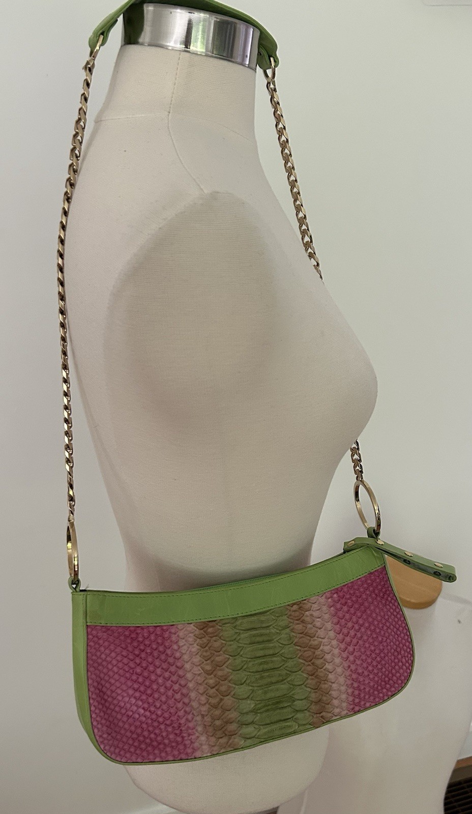 CLAUDIA CIUTI Made in Italy Snake skin Pnk & Green Leather bag with gold chain
