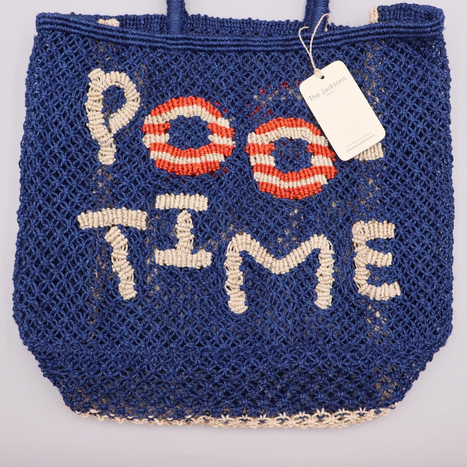 The Jacksons London Pool Time Jute Tote Bag Navy Blue Woven Beach Bag NEW