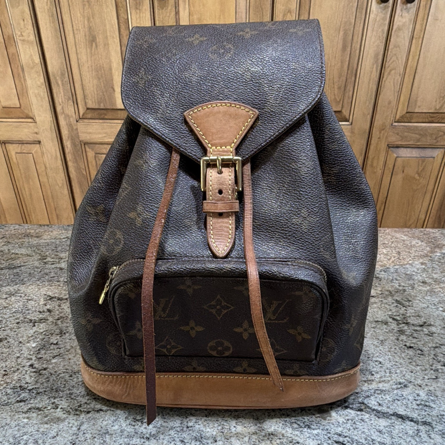 Louis Vuitton Monogram Drawstring Buckle Backpack Brown Gold, Front Zip Pocket