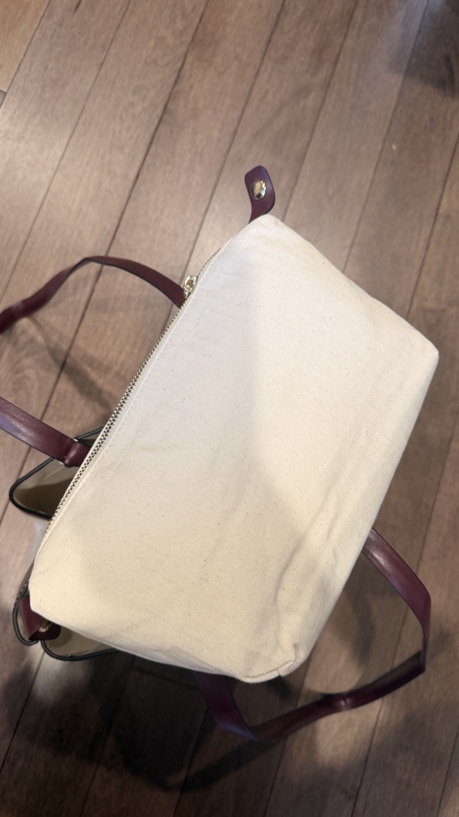 ZARA Canvas Tote Bag Burgundy Cream Large Shoulder Shopper NWT