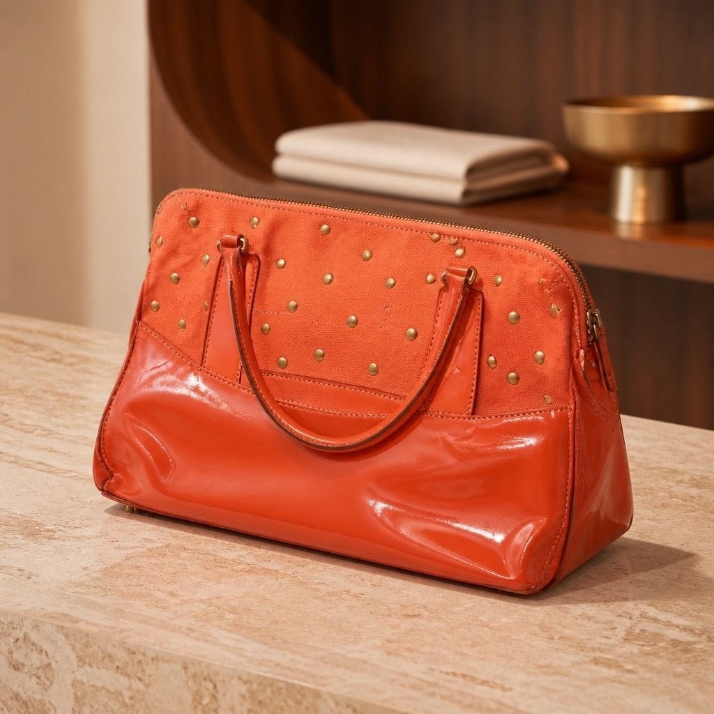 Isaac Mizrahi Live! Orange Studded Canvas and Patent Satchel Handbag