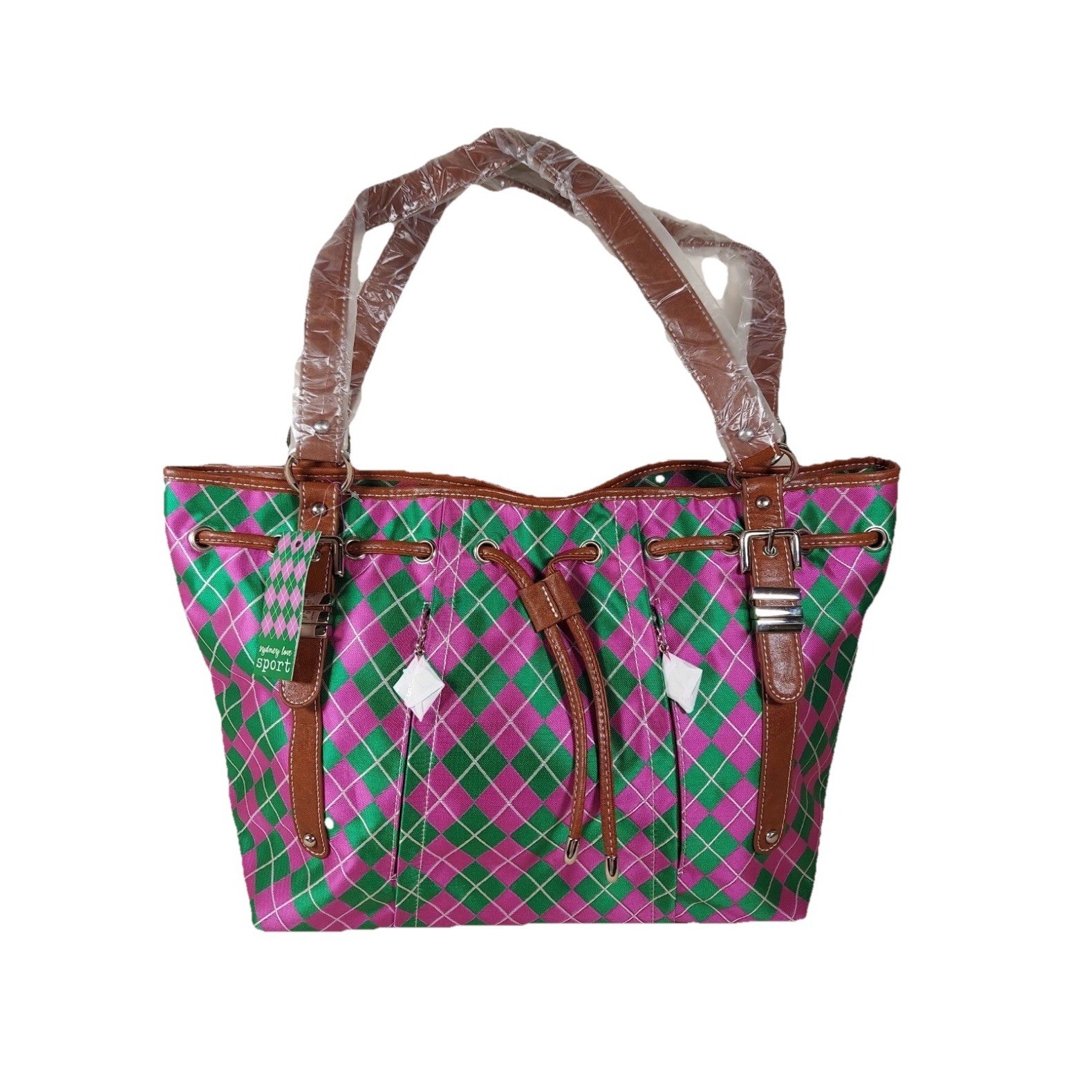 SYDNEY LOVE ARGYLE DRAWSTRING TOTE SHOULDER BAG PINK/GREEN ONE SIZE