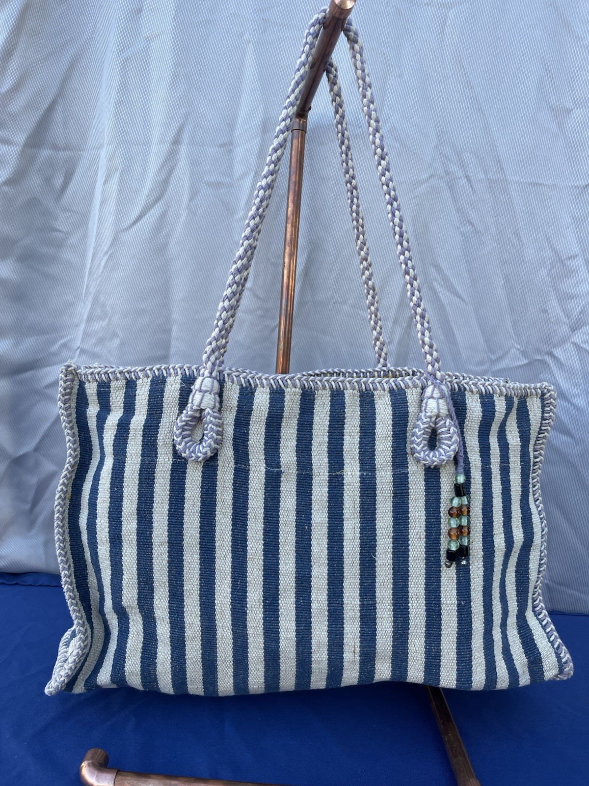 Catstudio Striped Canvas Tote Bag with Rope Handles and Bead Accent