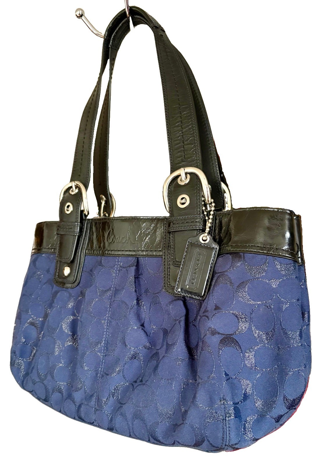 Vtg Y2K COACH Soho Sig. Pleated Shoulder Tote Bag Navy Blue BLK F16044 PRISTINE