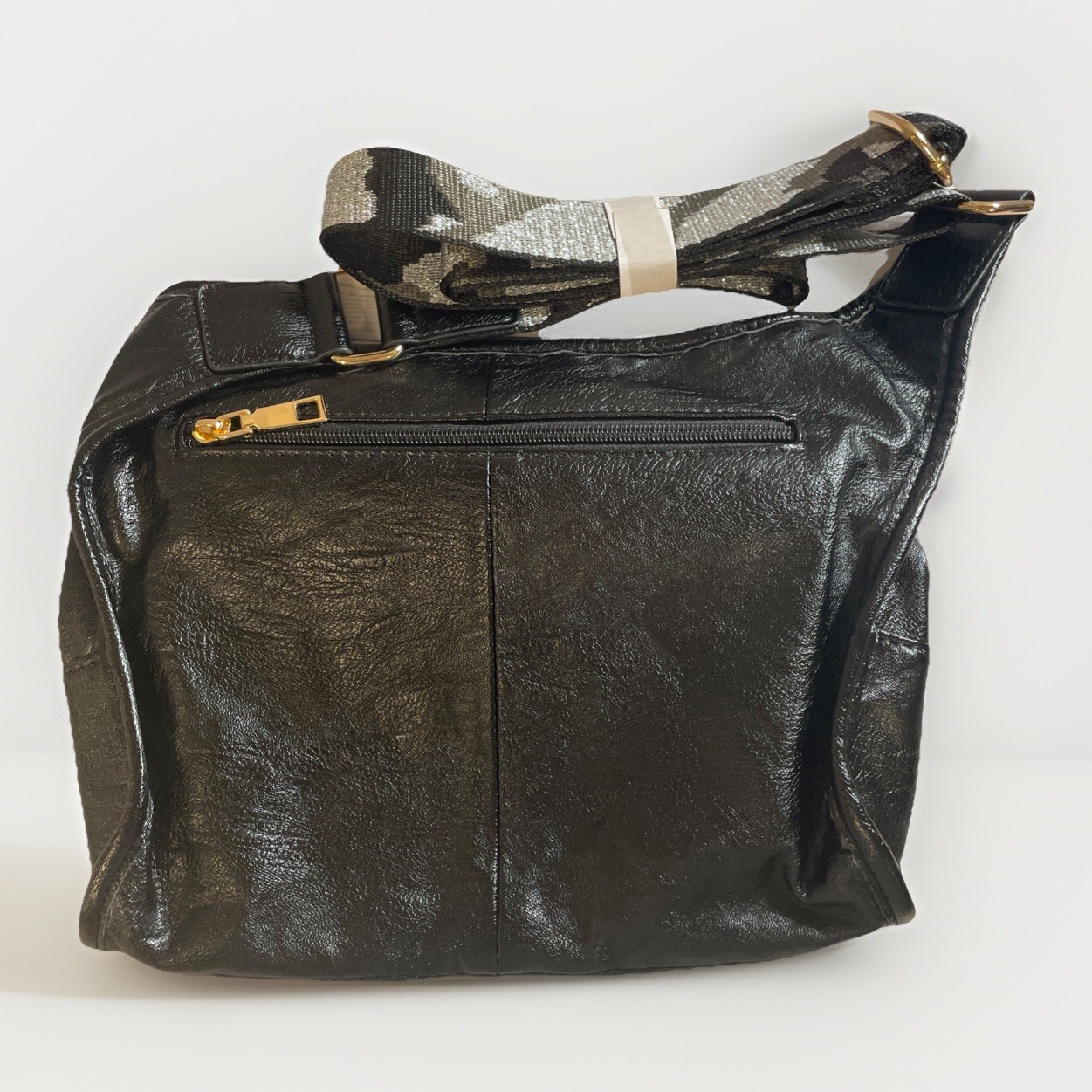 Cabeiny Soft Black Leather Crossbody Bag Metallic Camouflage Strap NNT
